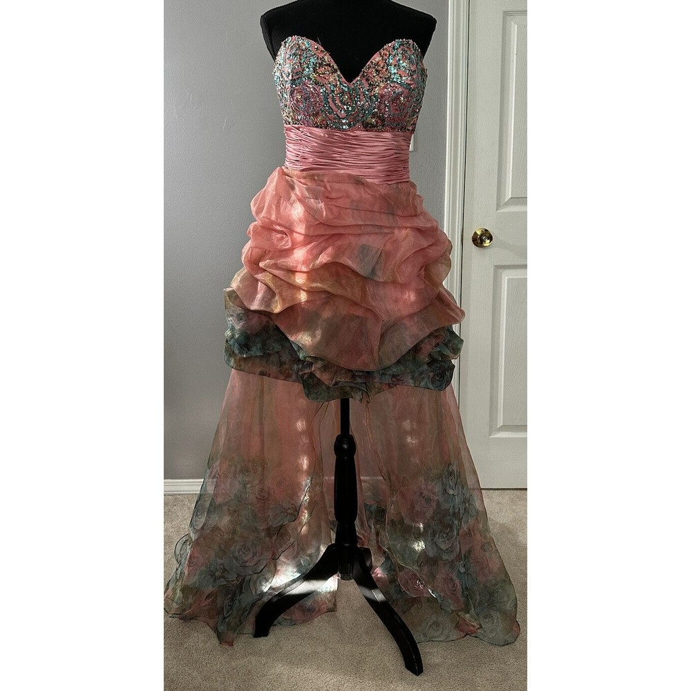 Jovani Multicolor Floral Hi Low Sequin Bodice Embellished Ruffled Prom Dress 12